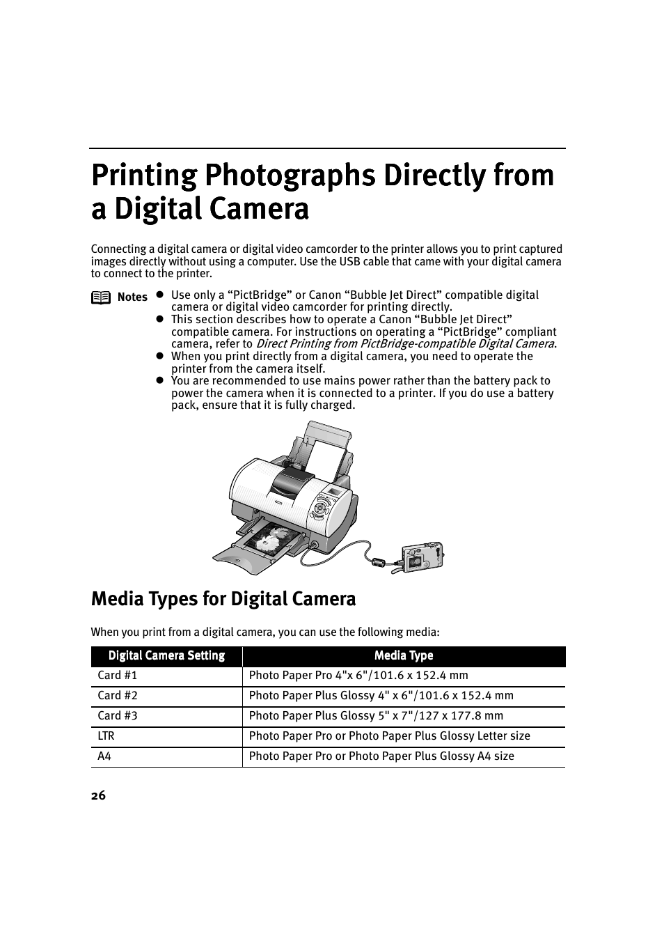 Printing photographs directly from, Media types for digital camera | Canon i 900D User Manual | Page 27 / 50