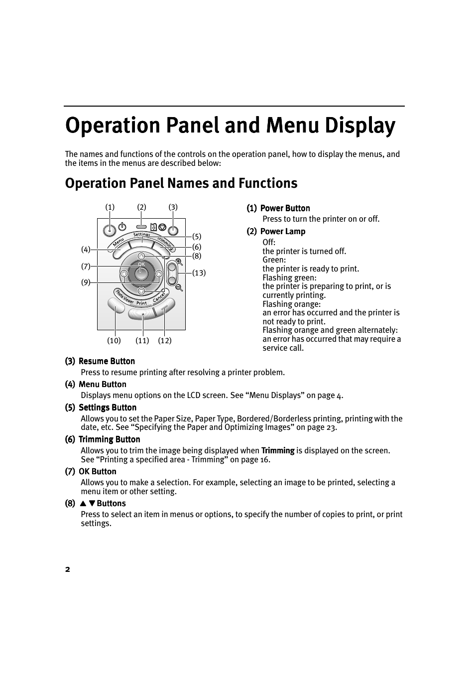 Operation panel and menu display, Operation panel names and functions | Canon i 900D User Manual | Page 3 / 50