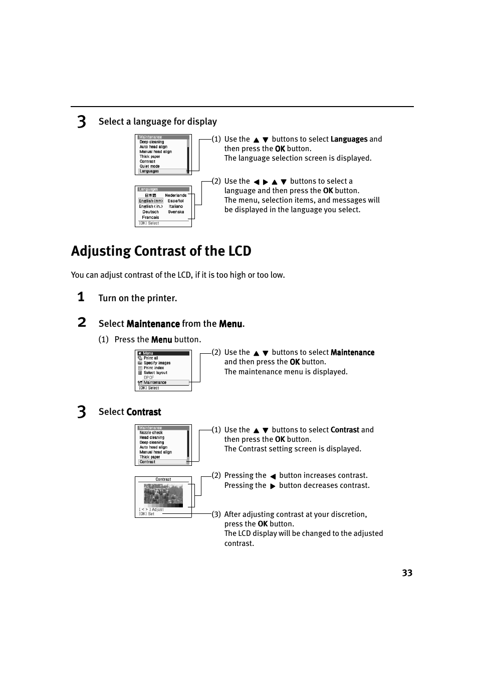 Adjusting contrast of the lcd | Canon i 900D User Manual | Page 34 / 50