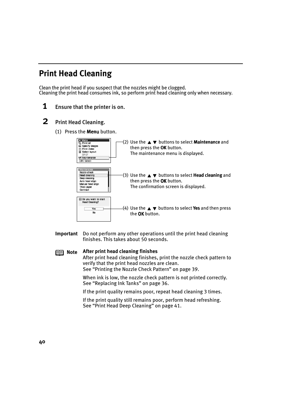 Print head cleaning | Canon i 900D User Manual | Page 41 / 50