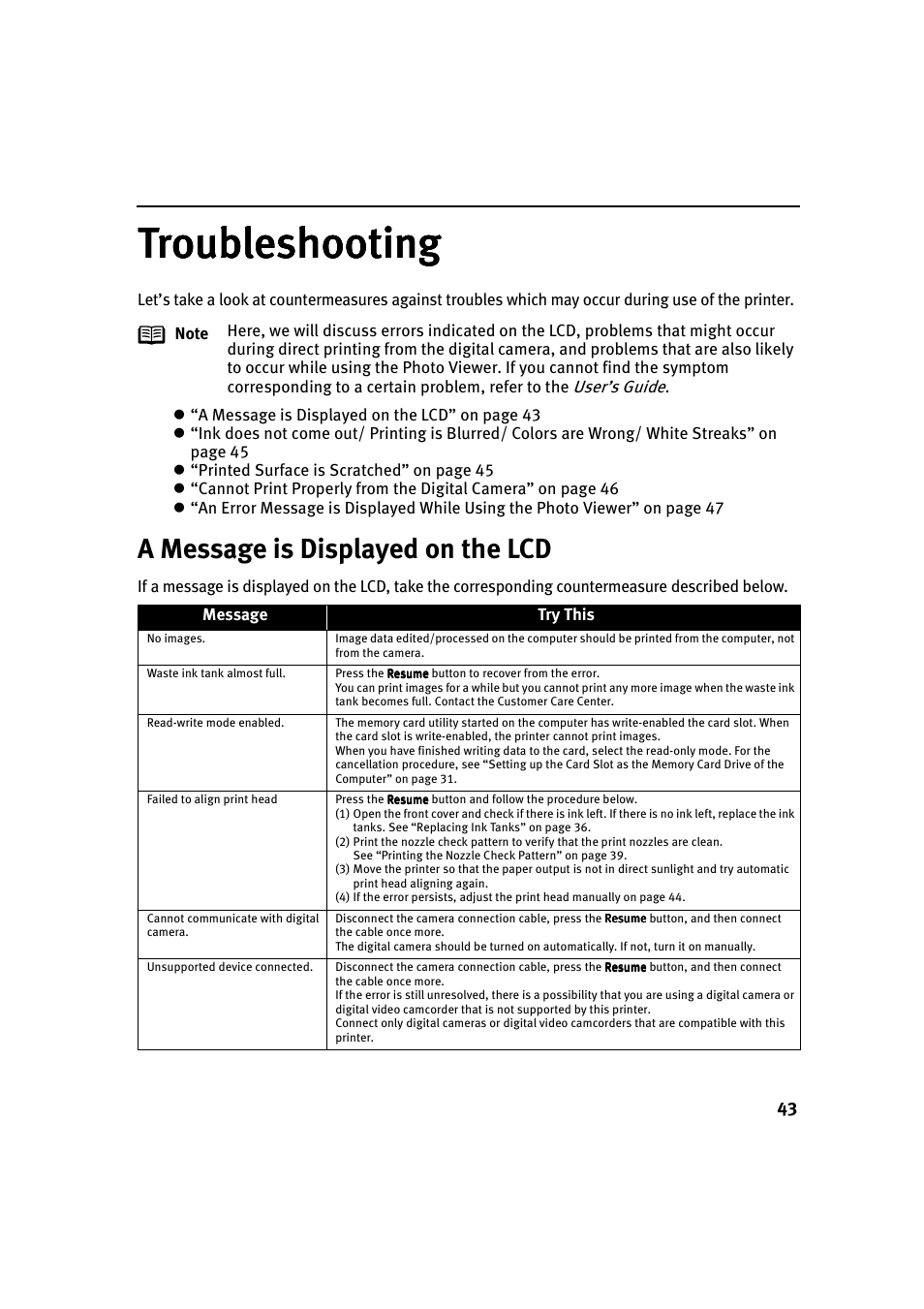 Troubleshooting, A message is displayed on the lcd | Canon i 900D User Manual | Page 44 / 50