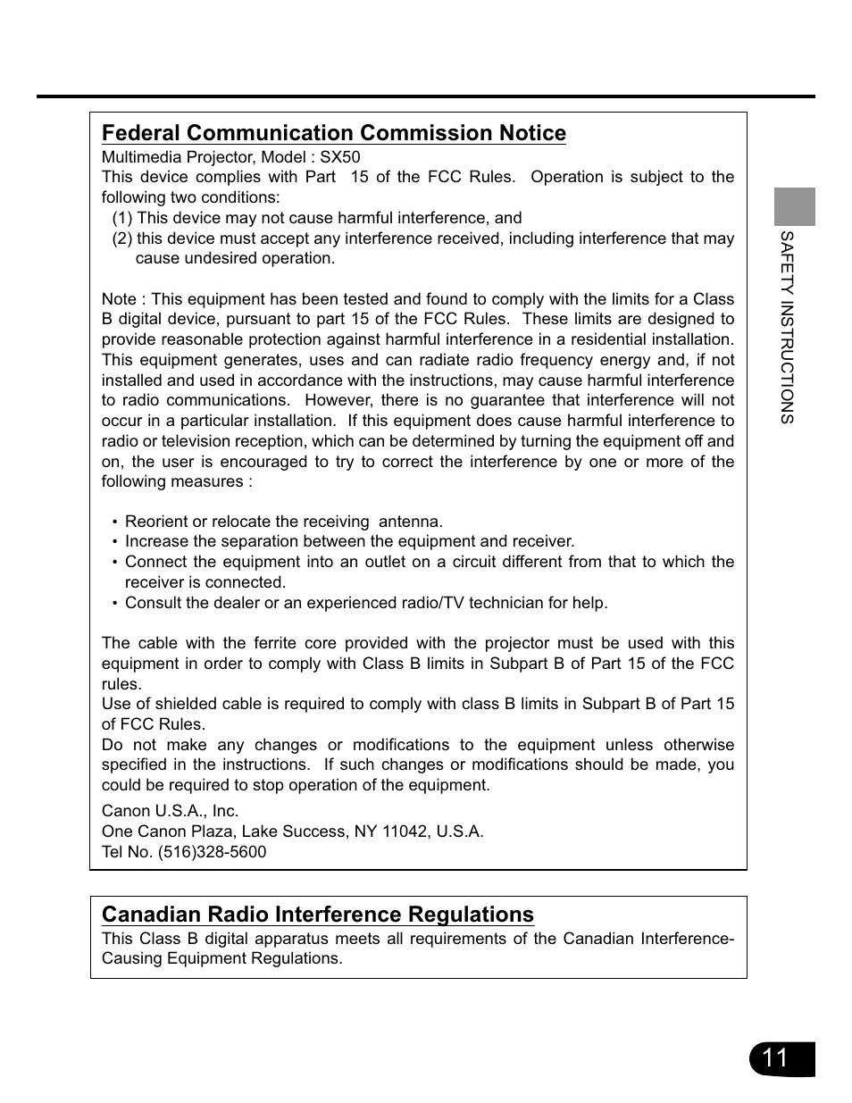 Federal communication commission notice, Canadian radio interference regulations | Canon SX20 User Manual | Page 11 / 93