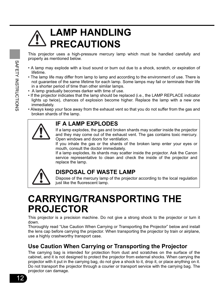 Lamp handling precautions, Carrying/transporting the projector | Canon SX20 User Manual | Page 12 / 93