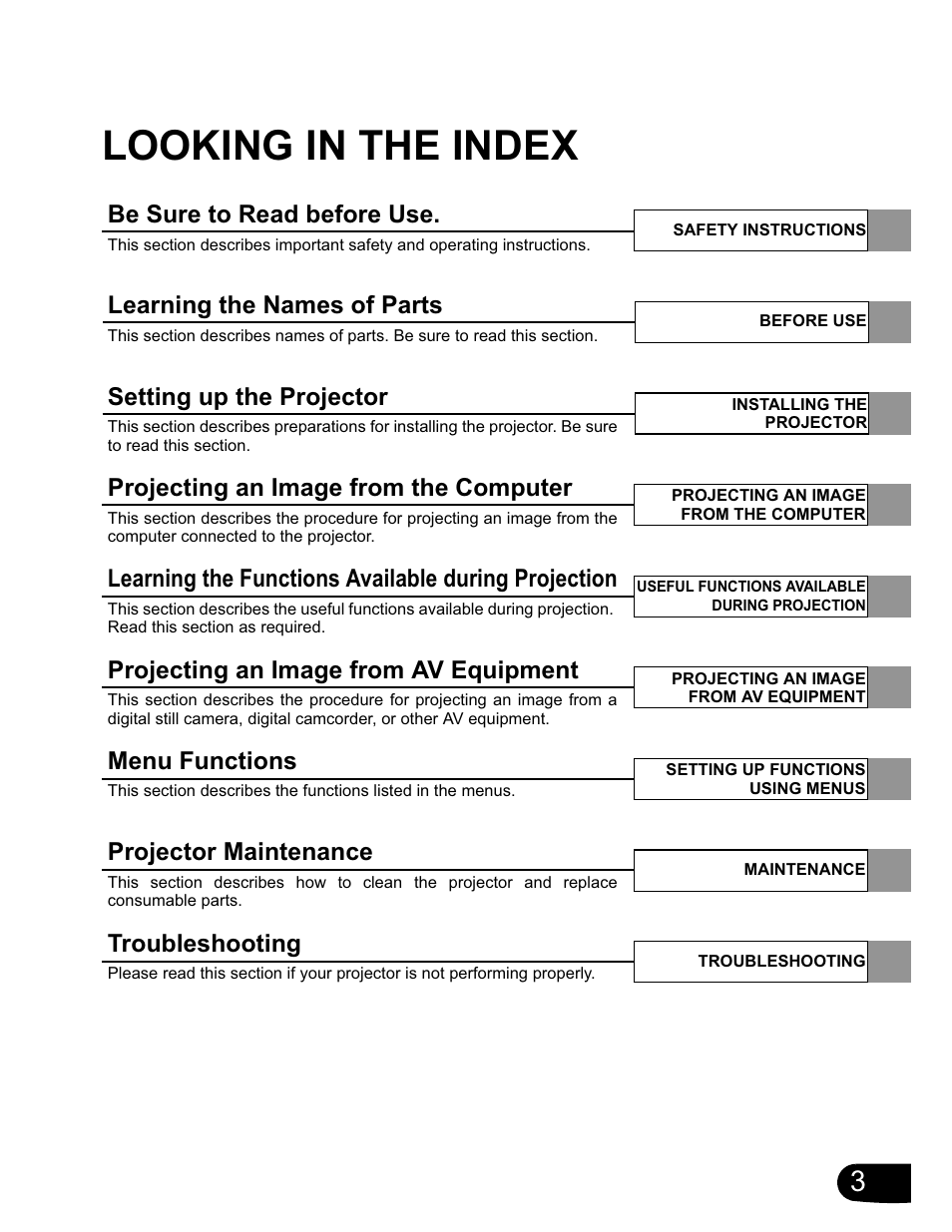 Looking in the index, Be sure to read before use, Learning the names of parts | Setting up the projector, Projecting an image from the computer, Learning the functions available during projection, Projecting an image from av equipment, Menu functions, Projector maintenance, Troubleshooting | Canon SX20 User Manual | Page 3 / 93