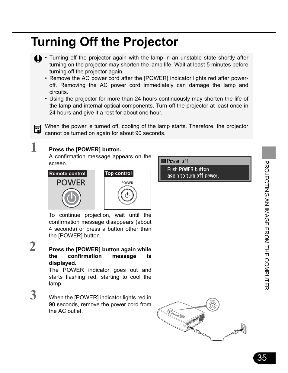 Turning off the projector | Canon SX20 User Manual | Page 35 / 93