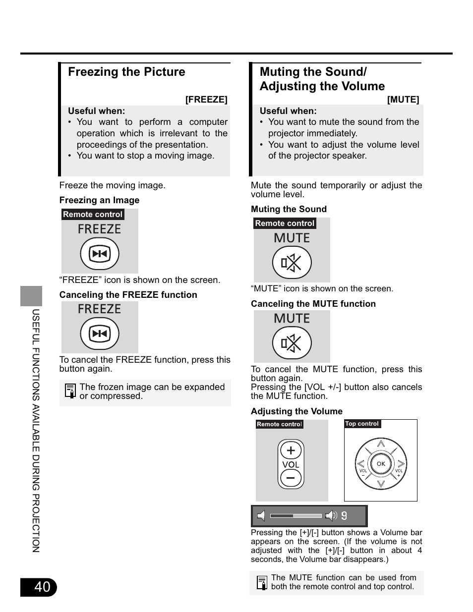 Freezing the picture, Muting the sound/ adjusting the volume | Canon SX20 User Manual | Page 40 / 93