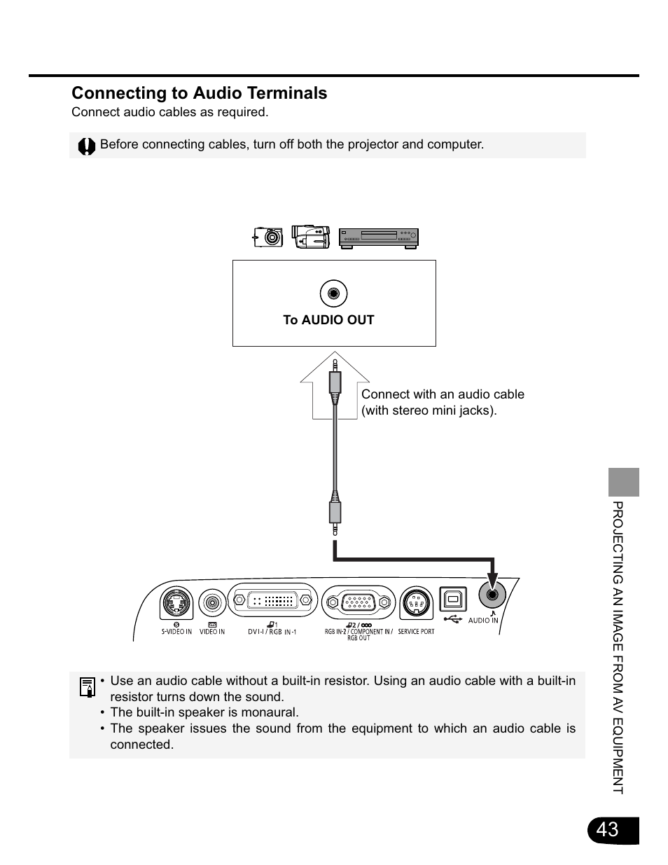 Connecting to audio terminals | Canon SX20 User Manual | Page 43 / 93