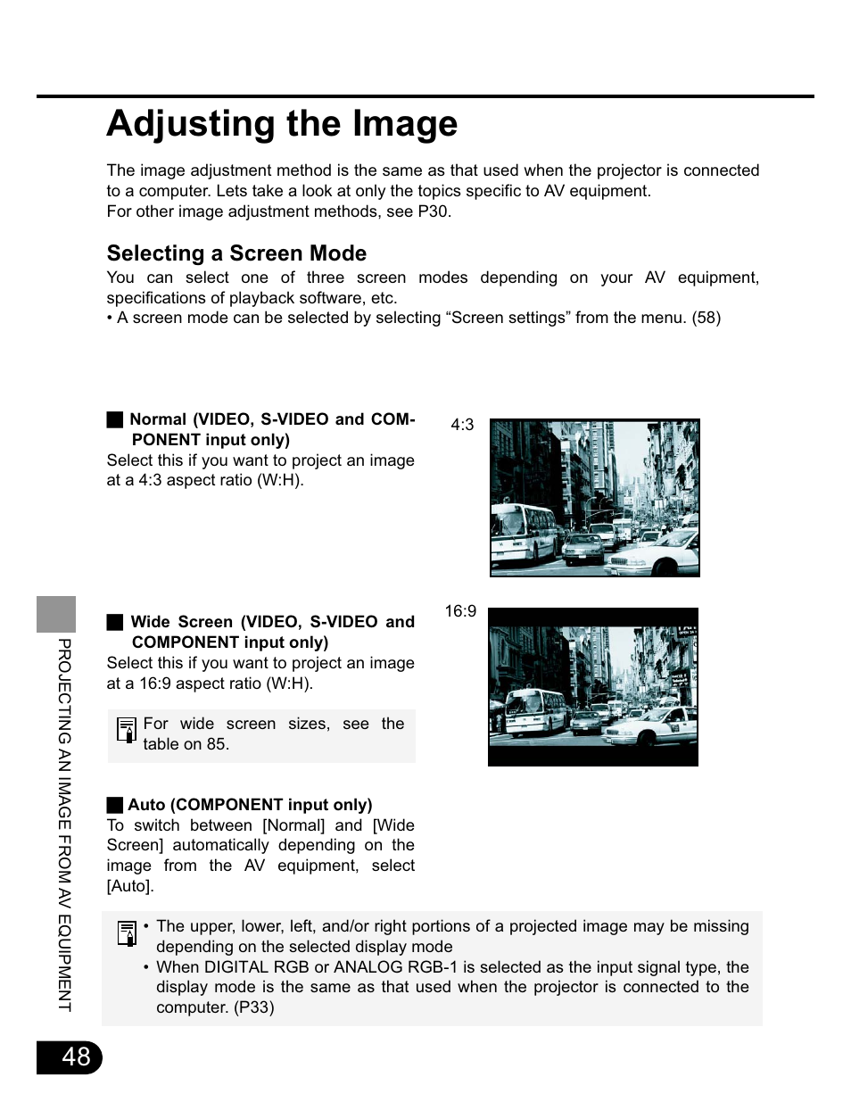 Adjusting the image, Selecting a screen mode | Canon SX20 User Manual | Page 48 / 93