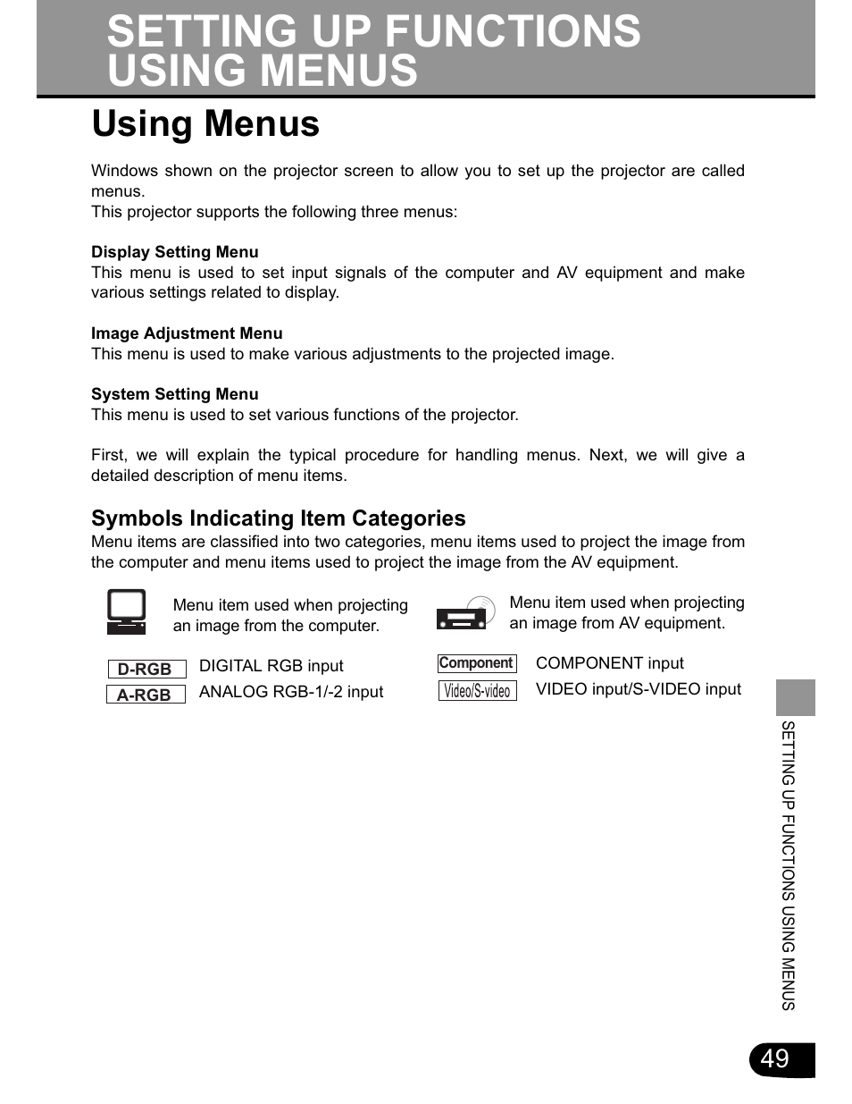 Setting up functions using menus, Using menus | Canon SX20 User Manual | Page 49 / 93