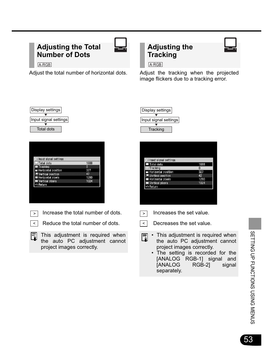 Adjusting the total number of dots, Adjusting the tracking | Canon SX20 User Manual | Page 53 / 93