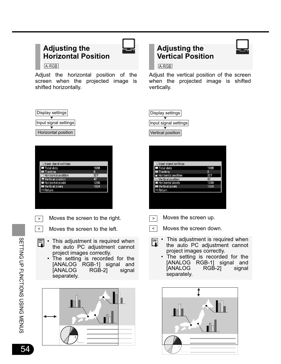 Adjusting the horizontal position, Adjusting the vertical position | Canon SX20 User Manual | Page 54 / 93