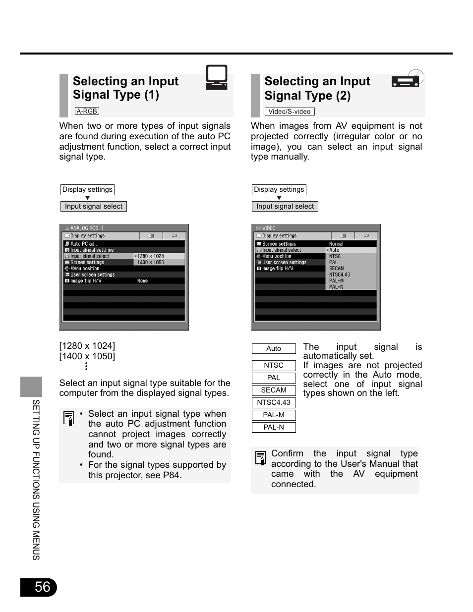 Selecting an input signal type (2), Selecting an input signal type (1) | Canon SX20 User Manual | Page 56 / 93