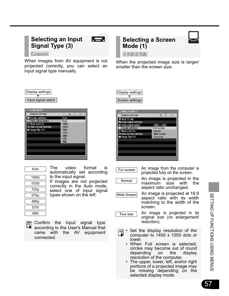 Selecting a screen mode (1), Selecting an input signal type (3) | Canon SX20 User Manual | Page 57 / 93