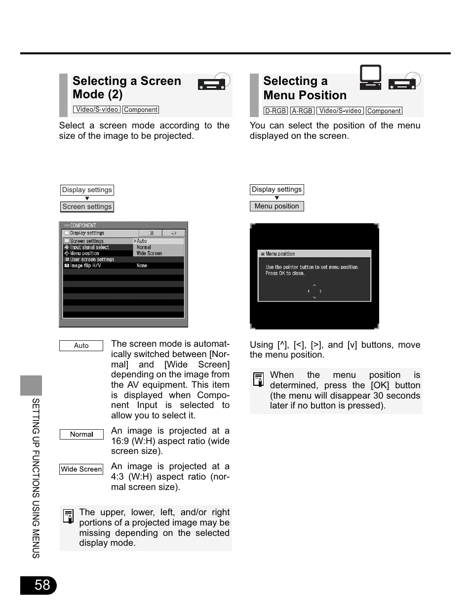 Selecting a menu position, Selecting a screen mode (2) | Canon SX20 User Manual | Page 58 / 93