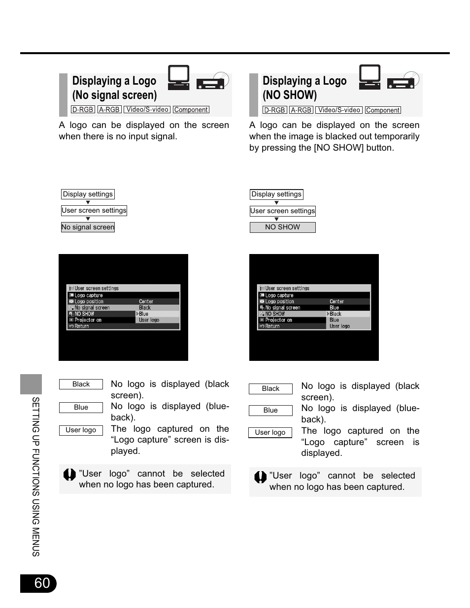 Displaying a logo (no signal screen), Displaying a logo (no show) | Canon SX20 User Manual | Page 60 / 93