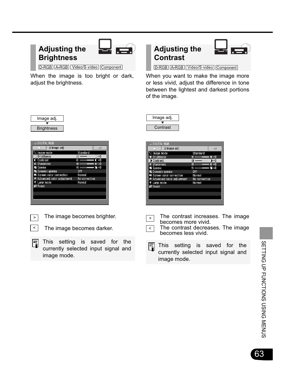 Adjusting the brightness, Adjusting the contrast | Canon SX20 User Manual | Page 63 / 93