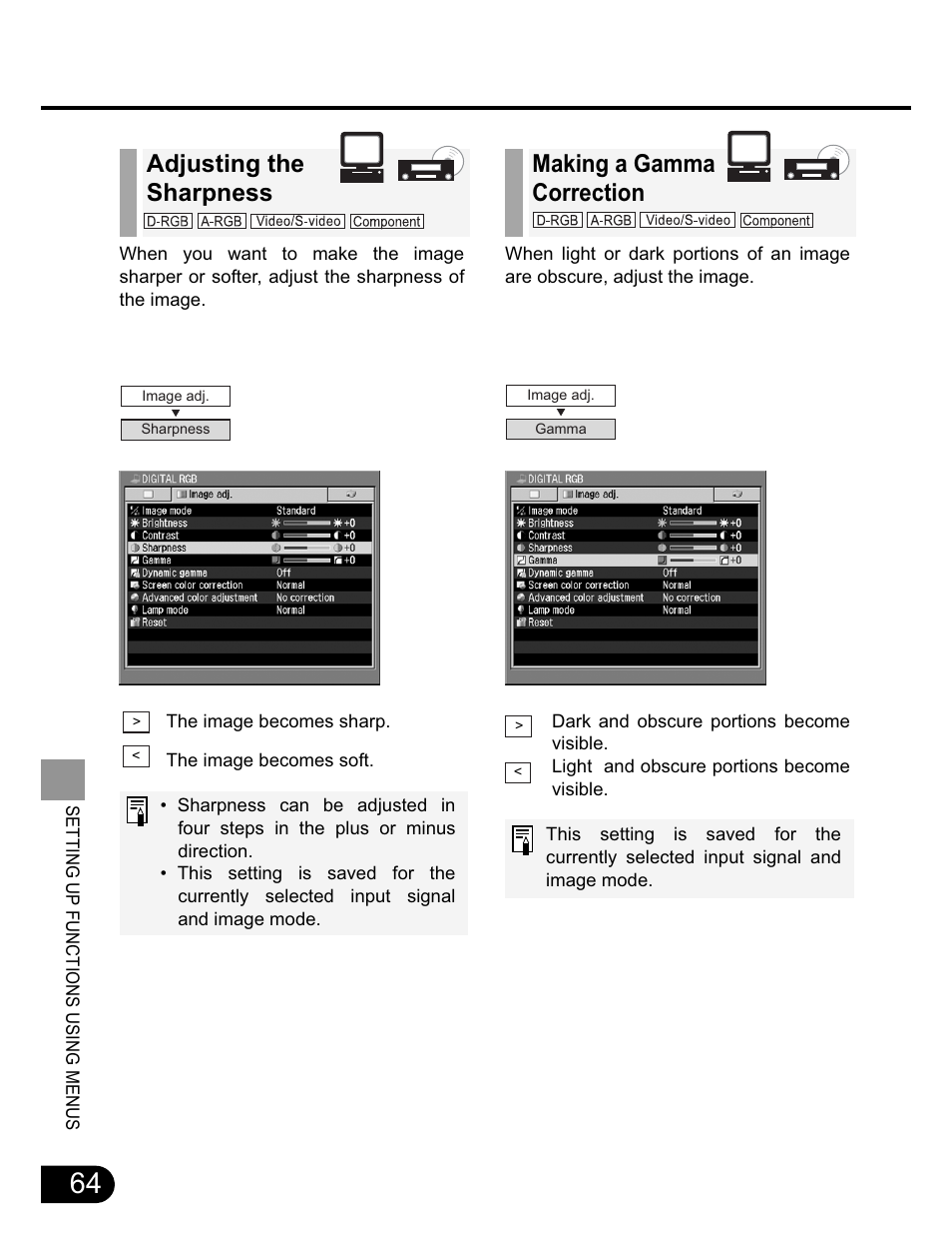 Adjusting the sharpness, Making a gamma correction | Canon SX20 User Manual | Page 64 / 93