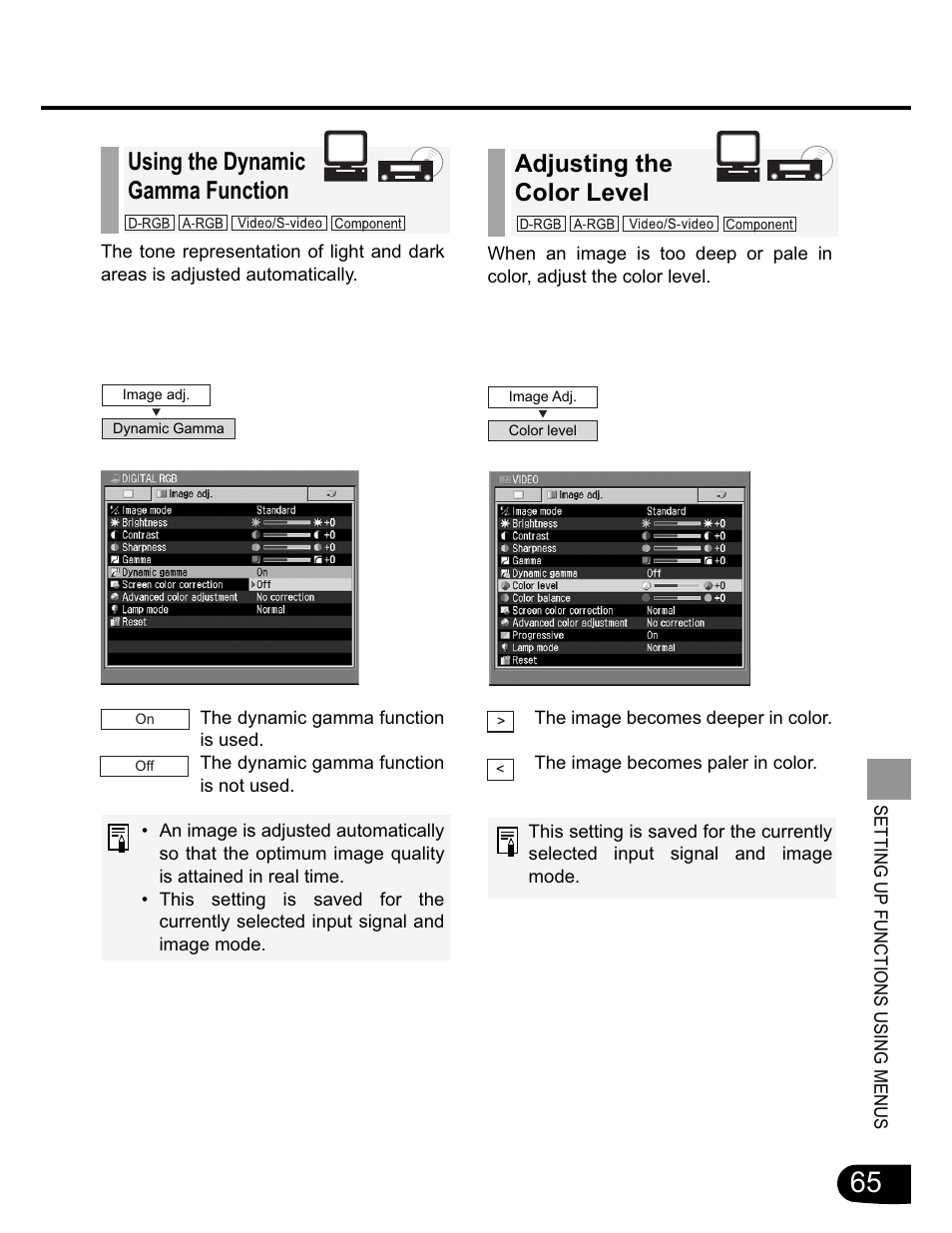 Adjusting the color level, Using the dynamic gamma function | Canon SX20 User Manual | Page 65 / 93