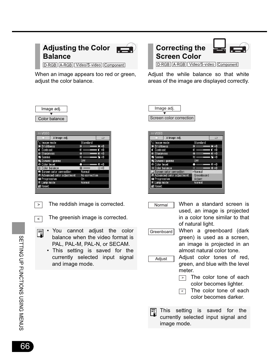 Correcting the screen color, Adjusting the color balance | Canon SX20 User Manual | Page 66 / 93