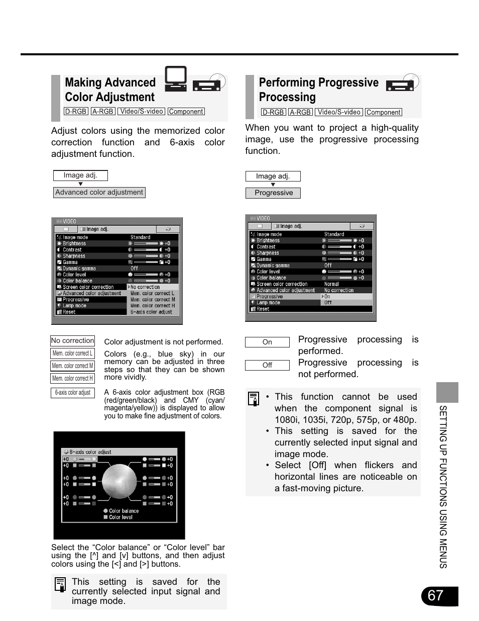 Making advanced color adjustment, Performing progressive processing | Canon SX20 User Manual | Page 67 / 93