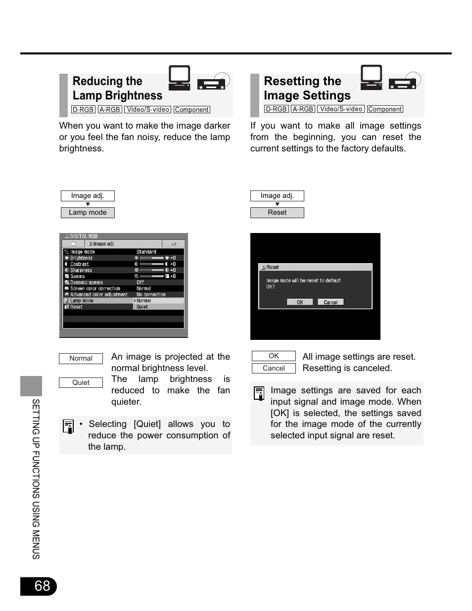 Reducing the lamp brightness, Resetting the image settings | Canon SX20 User Manual | Page 68 / 93