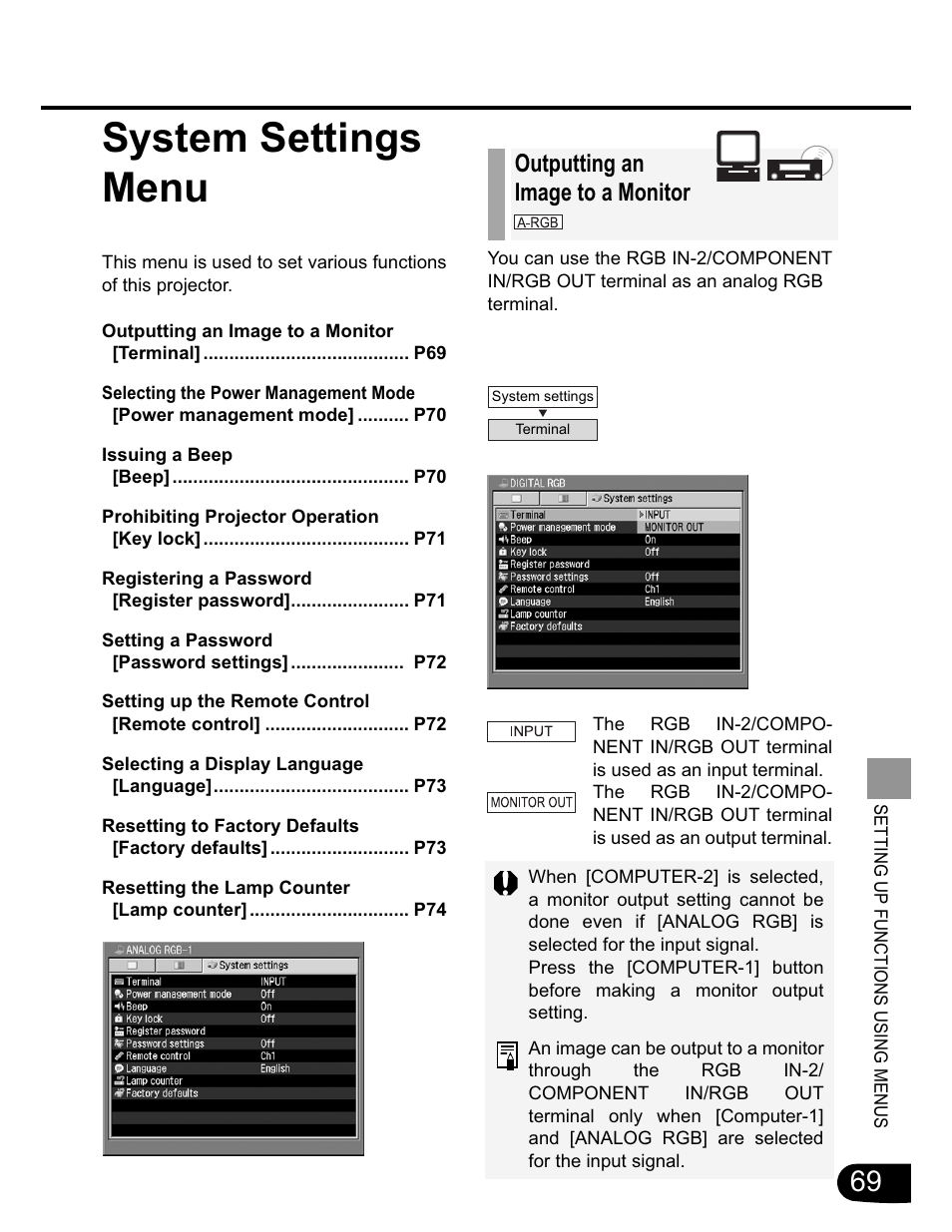 System settings menu, Outputting an image to a monitor | Canon SX20 User Manual | Page 69 / 93