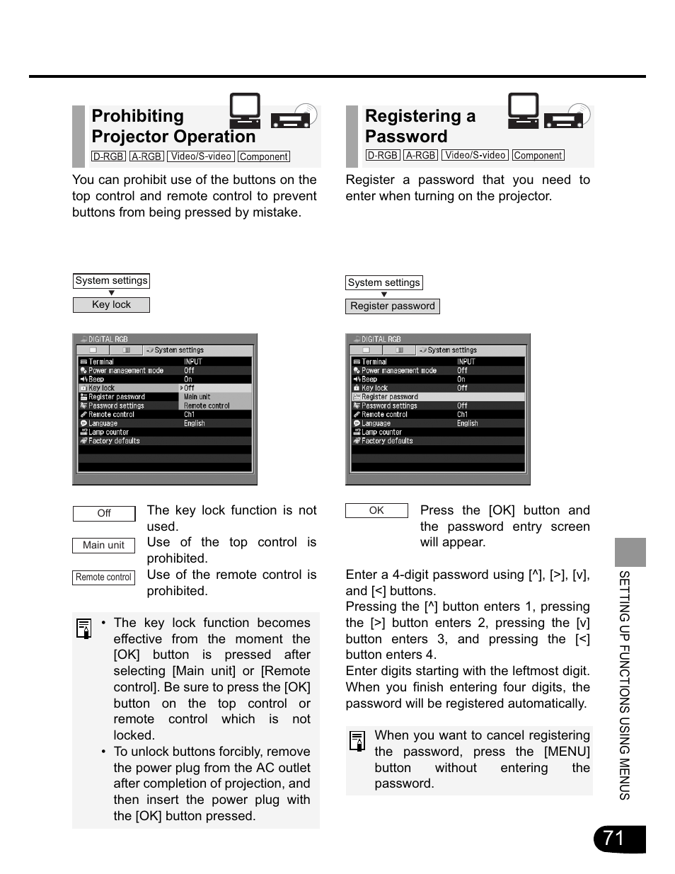 Registering a password, Prohibiting projector operation | Canon SX20 User Manual | Page 71 / 93