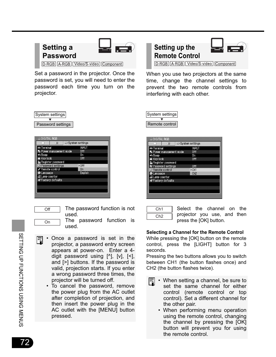 Setting a password, Setting up the remote control | Canon SX20 User Manual | Page 72 / 93