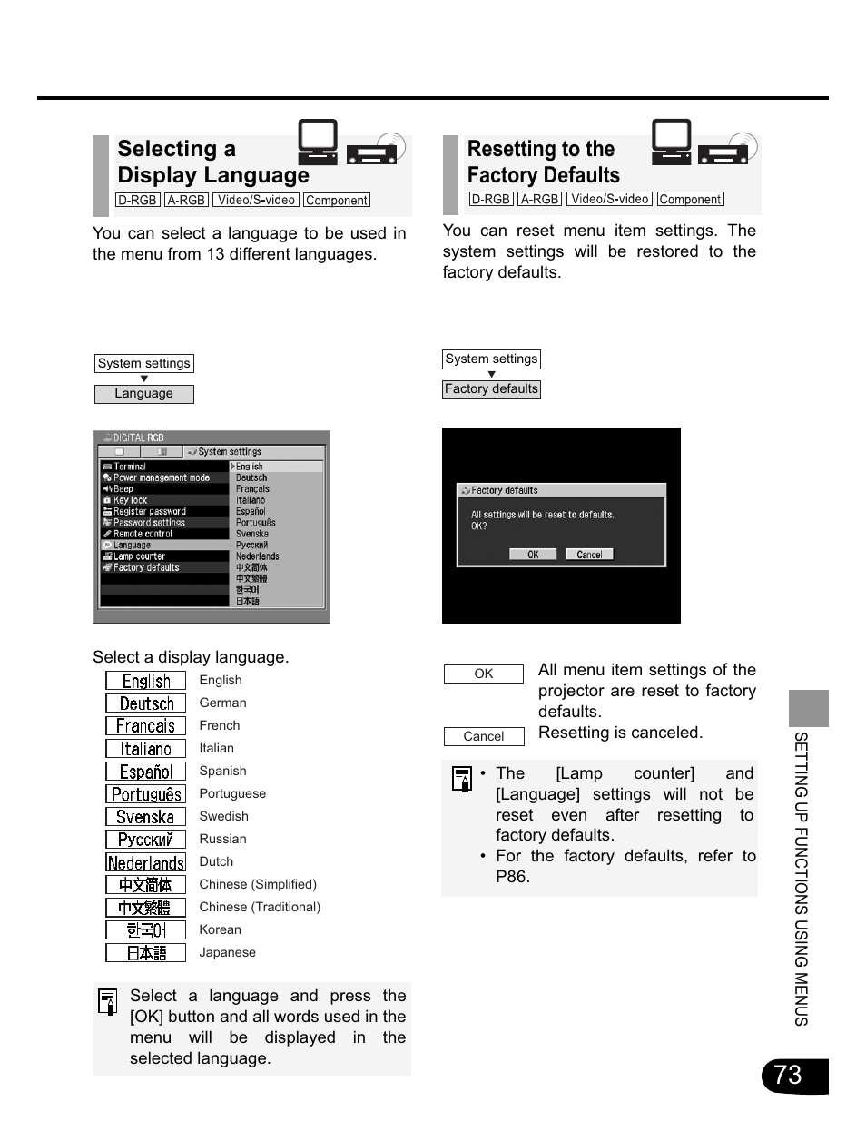 Selecting a display language, Resetting to the factory defaults | Canon SX20 User Manual | Page 73 / 93