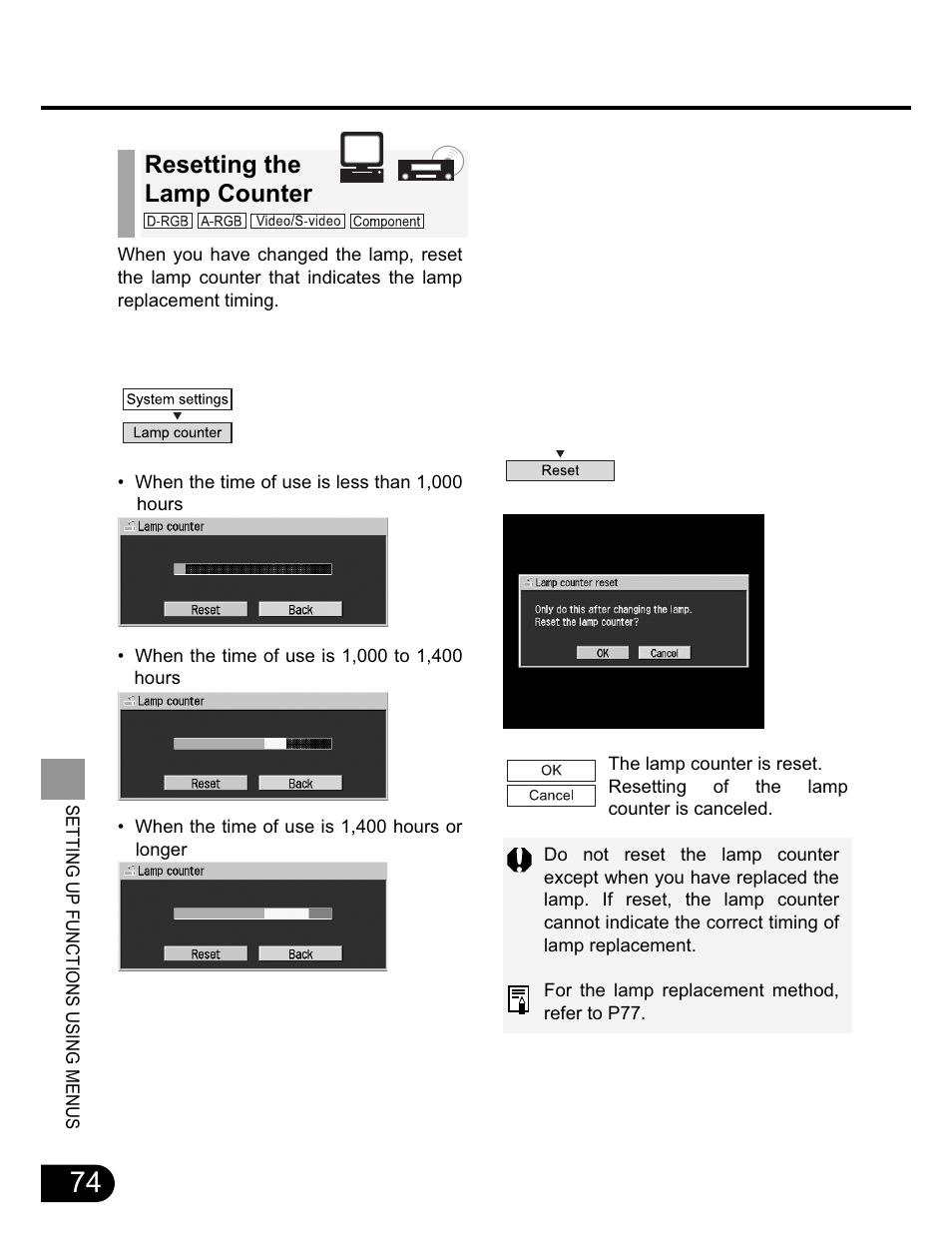 Resetting the lamp counter | Canon SX20 User Manual | Page 74 / 93