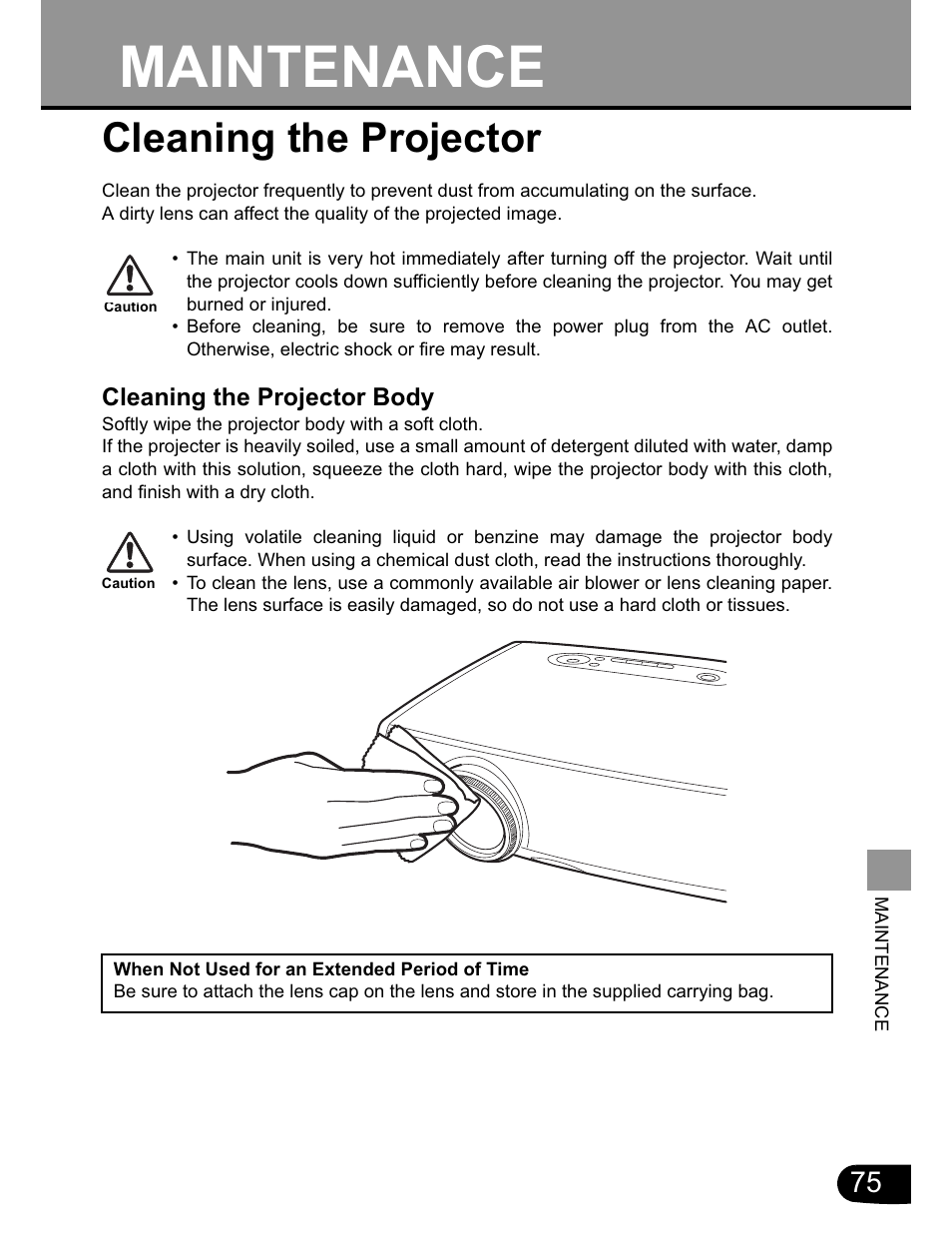 Maintenance, Cleaning the projector | Canon SX20 User Manual | Page 75 / 93