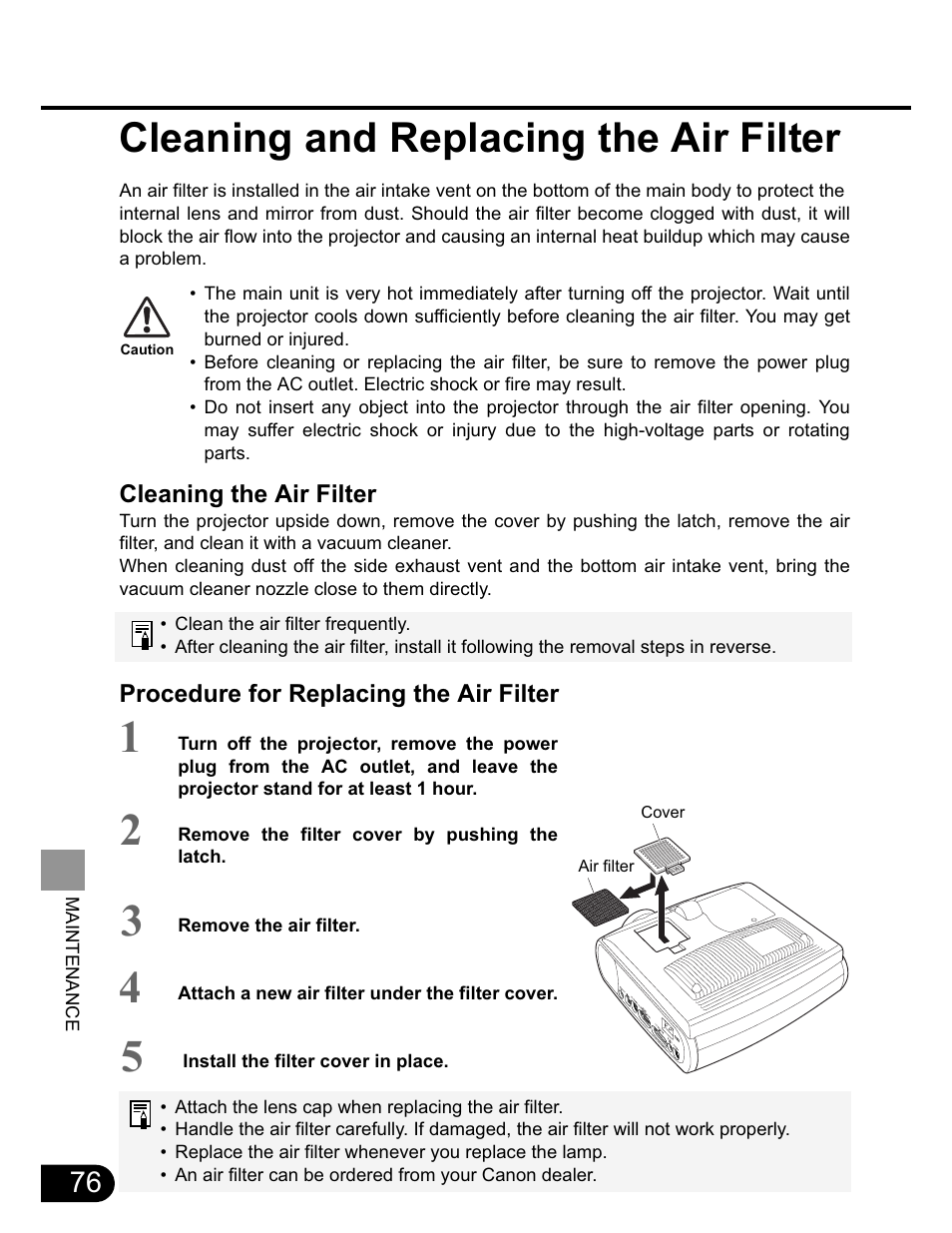 Cleaning and replacing the air filter | Canon SX20 User Manual | Page 76 / 93