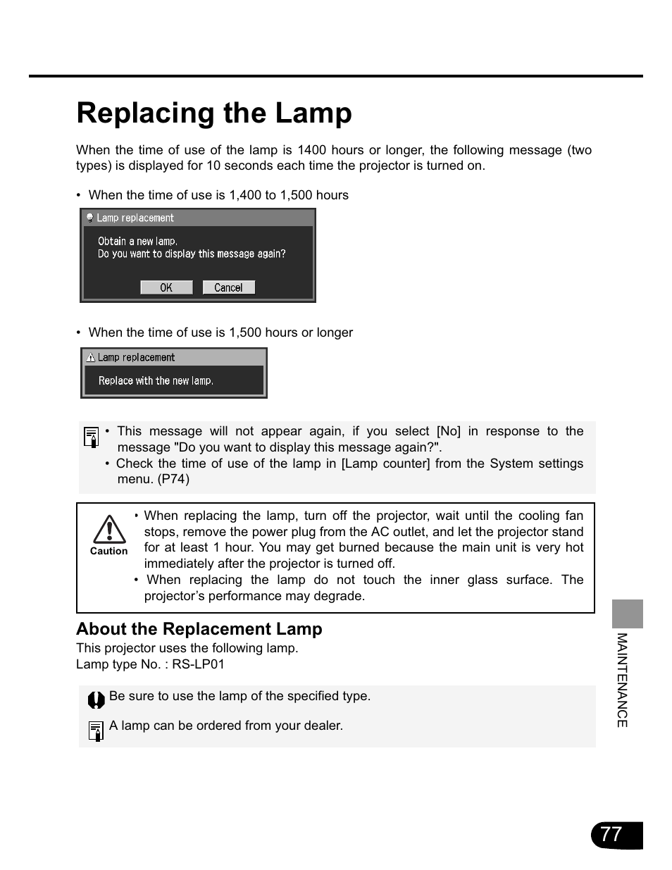 Replacing the lamp, About the replacement lamp | Canon SX20 User Manual | Page 77 / 93