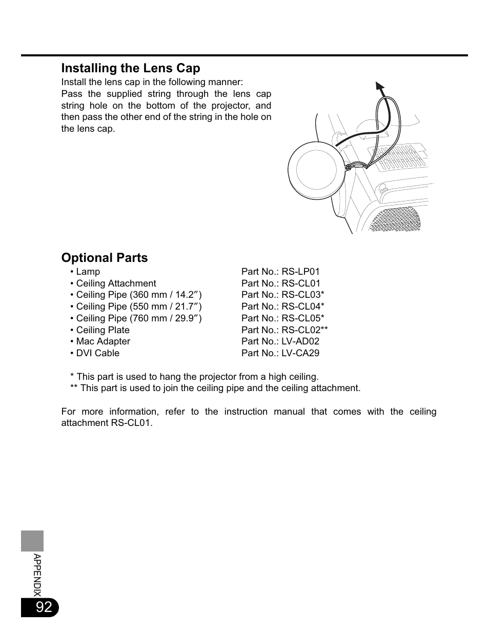 Installing the lens cap, Optional parts | Canon SX20 User Manual | Page 92 / 93