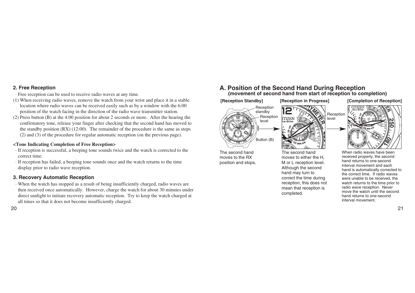 A. position of the second hand during reception | CITIZEN E670 User Manual | Page 10 / 38