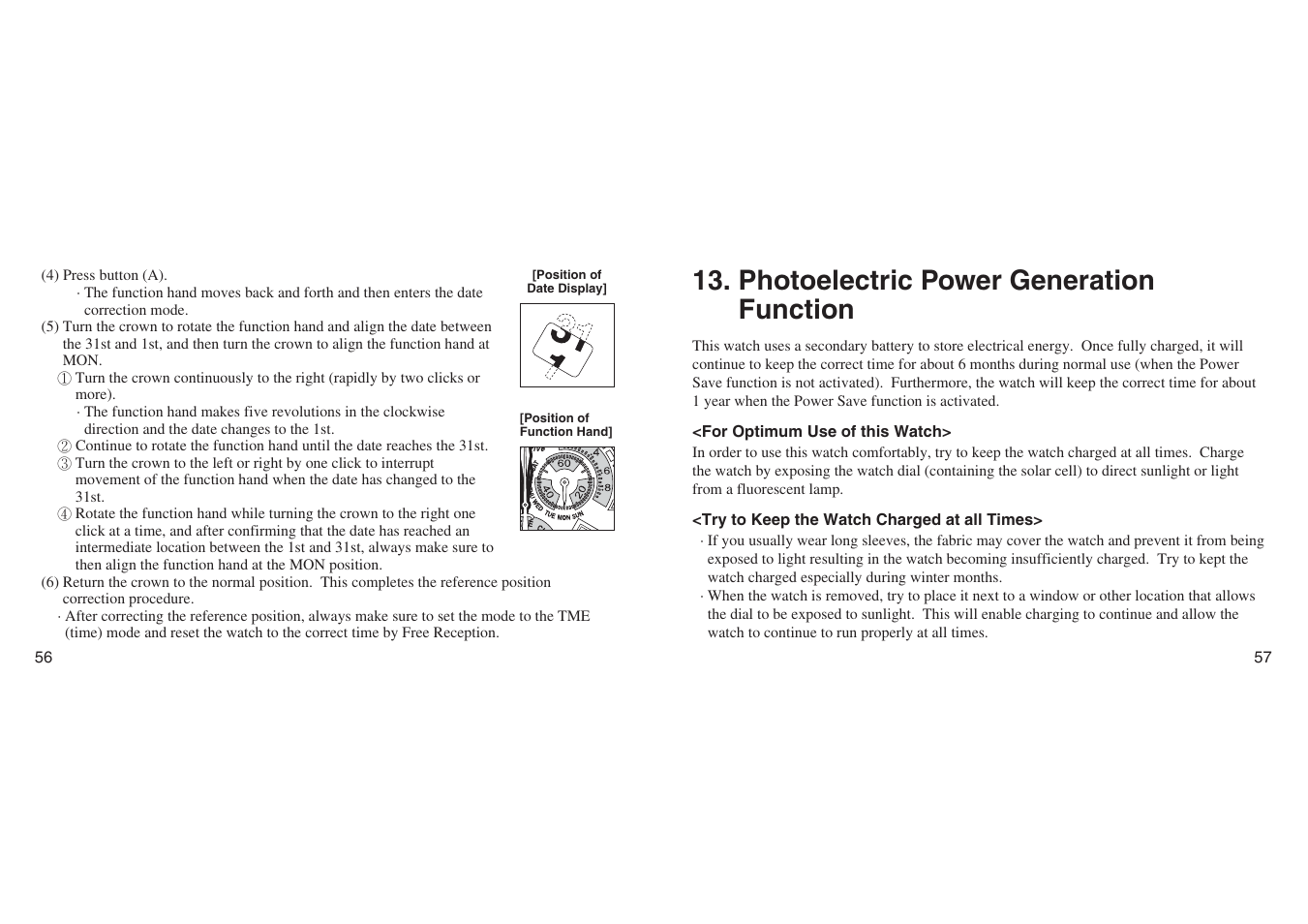 Photoelectric power generation function, For optimum use of this watch, Try to keep the watch charged at all times | CITIZEN E670 User Manual | Page 28 / 38