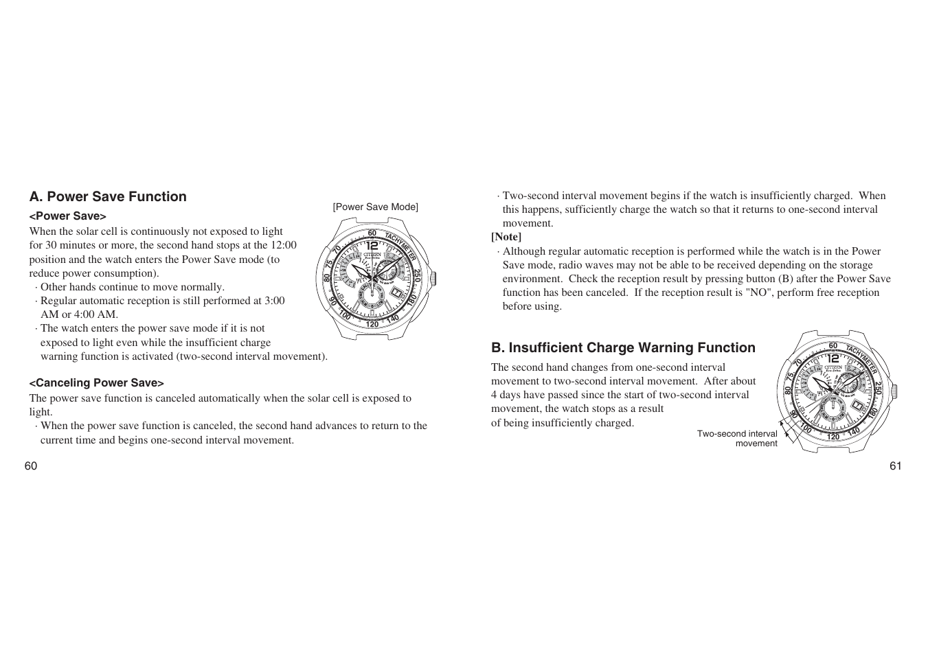 A. power save function, Power save, Canceling power save | B. insufficient charge warning function | CITIZEN E670 User Manual | Page 30 / 38