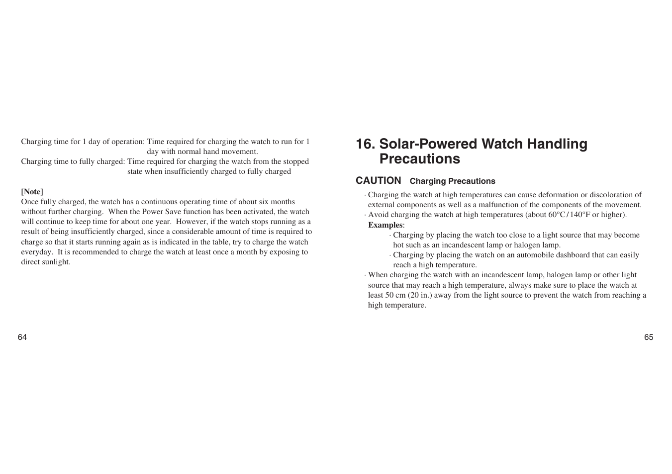 Solar-powered watch handling precautions, Charging precautions | CITIZEN E670 User Manual | Page 32 / 38