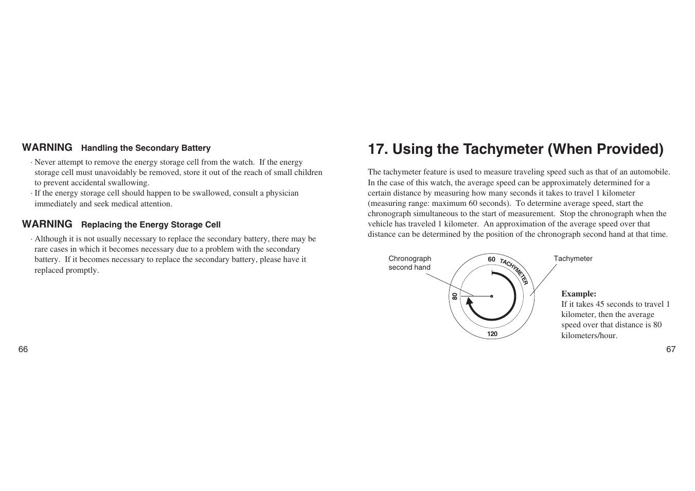 Handling the secondary battery, Replacing the energy storage cell, Using the tachymeter (when provided) | Warning | CITIZEN E670 User Manual | Page 33 / 38
