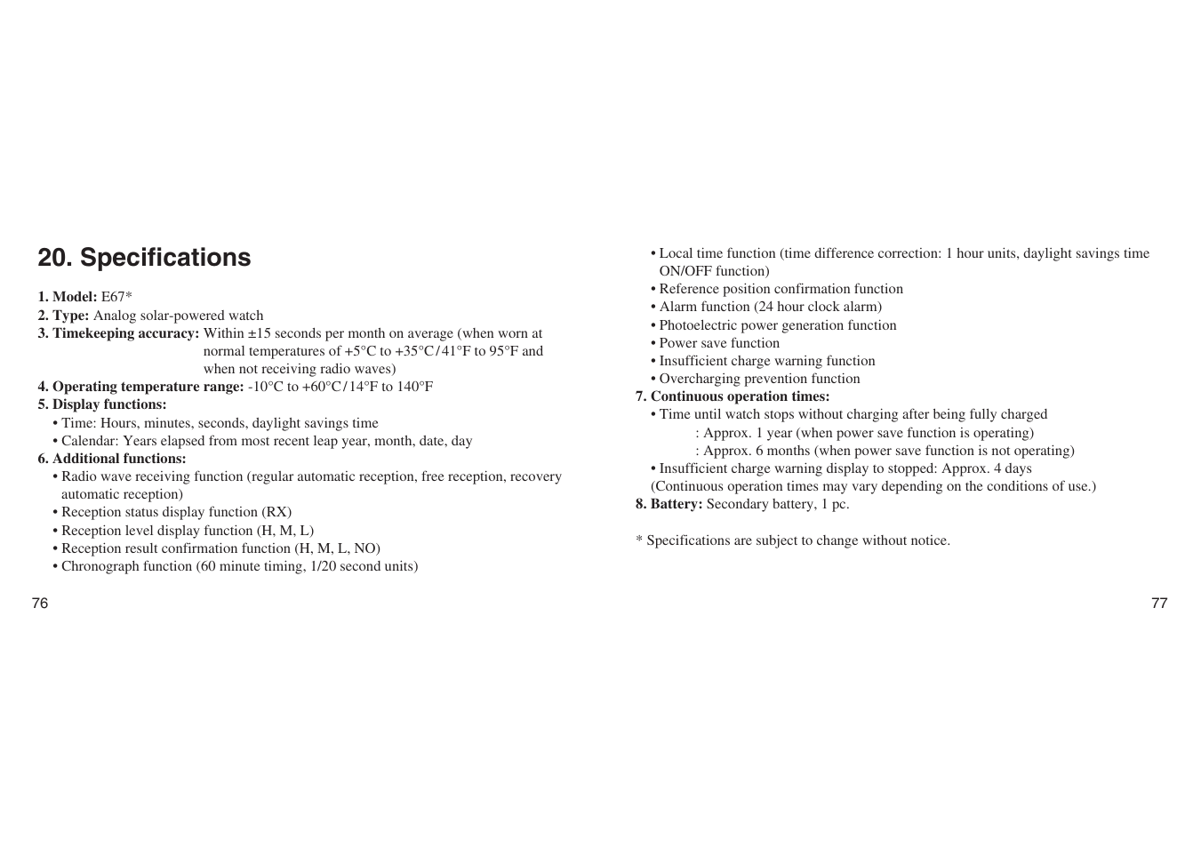 Specifications | CITIZEN E670 User Manual | Page 38 / 38