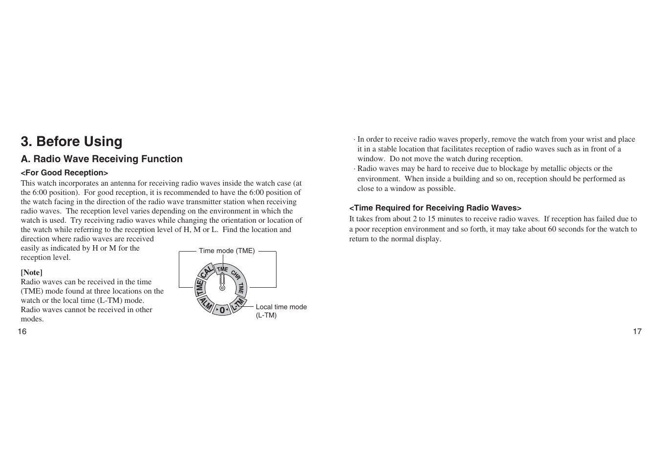 Before using, A. radio wave receiving function, For good reception | Time required for receiving radio waves | CITIZEN E670 User Manual | Page 8 / 38
