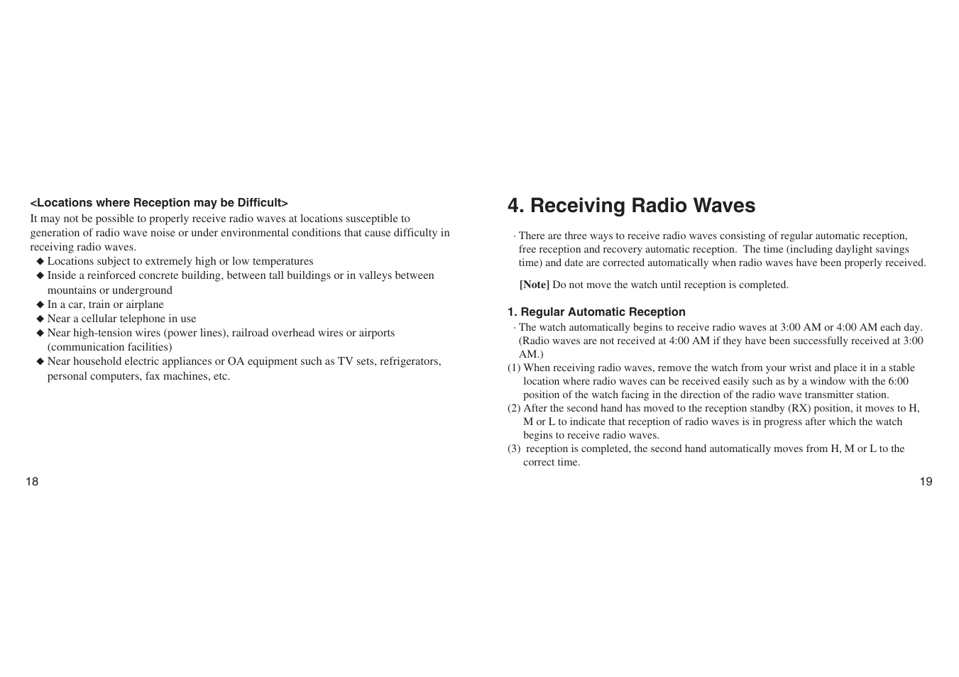 Locations where reception may be difficult, Receiving radio waves | CITIZEN E670 User Manual | Page 9 / 38