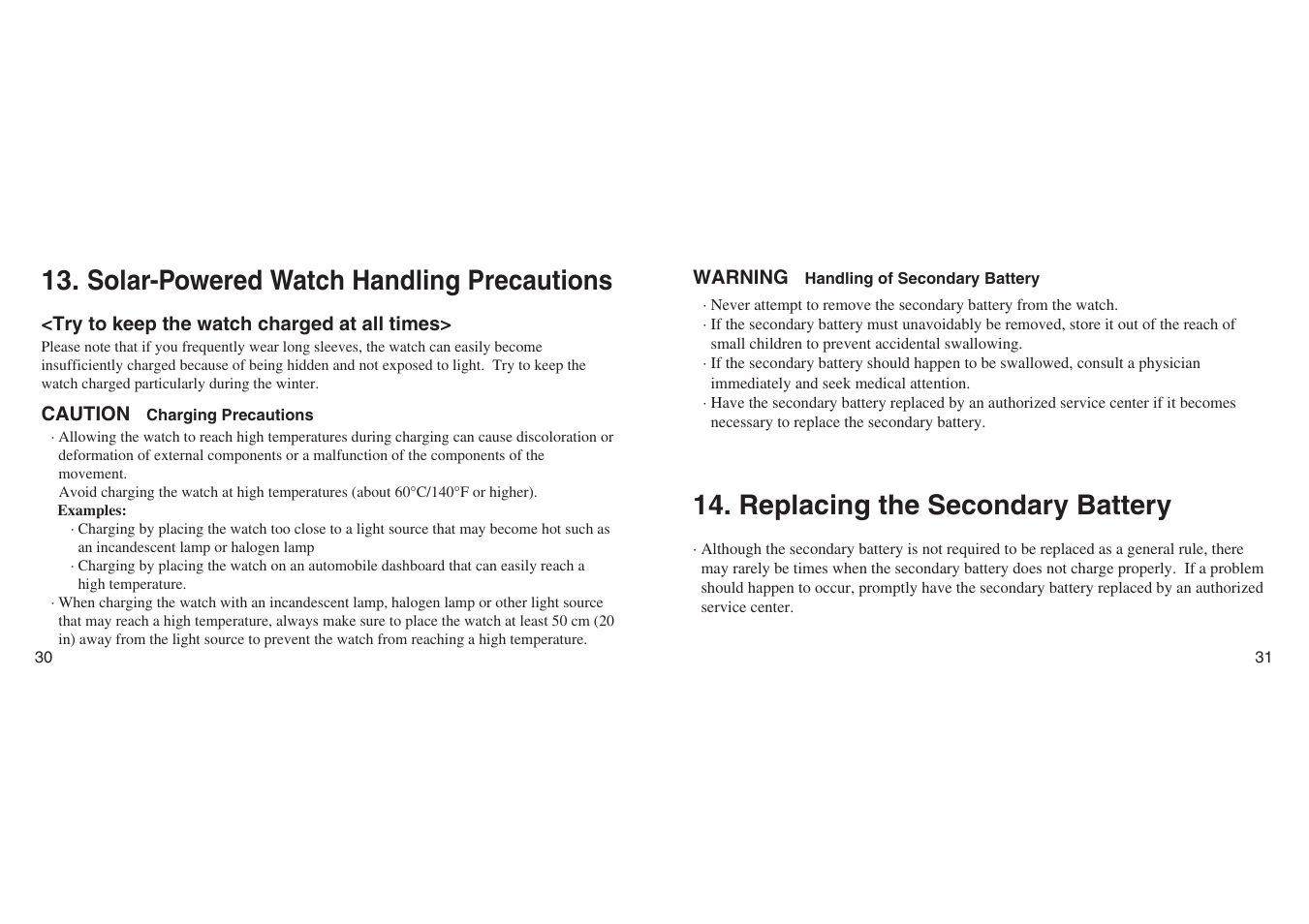Solar-powered watch handling precautions, Replacing the secondary battery | CITIZEN G90 User Manual | Page 15 / 21