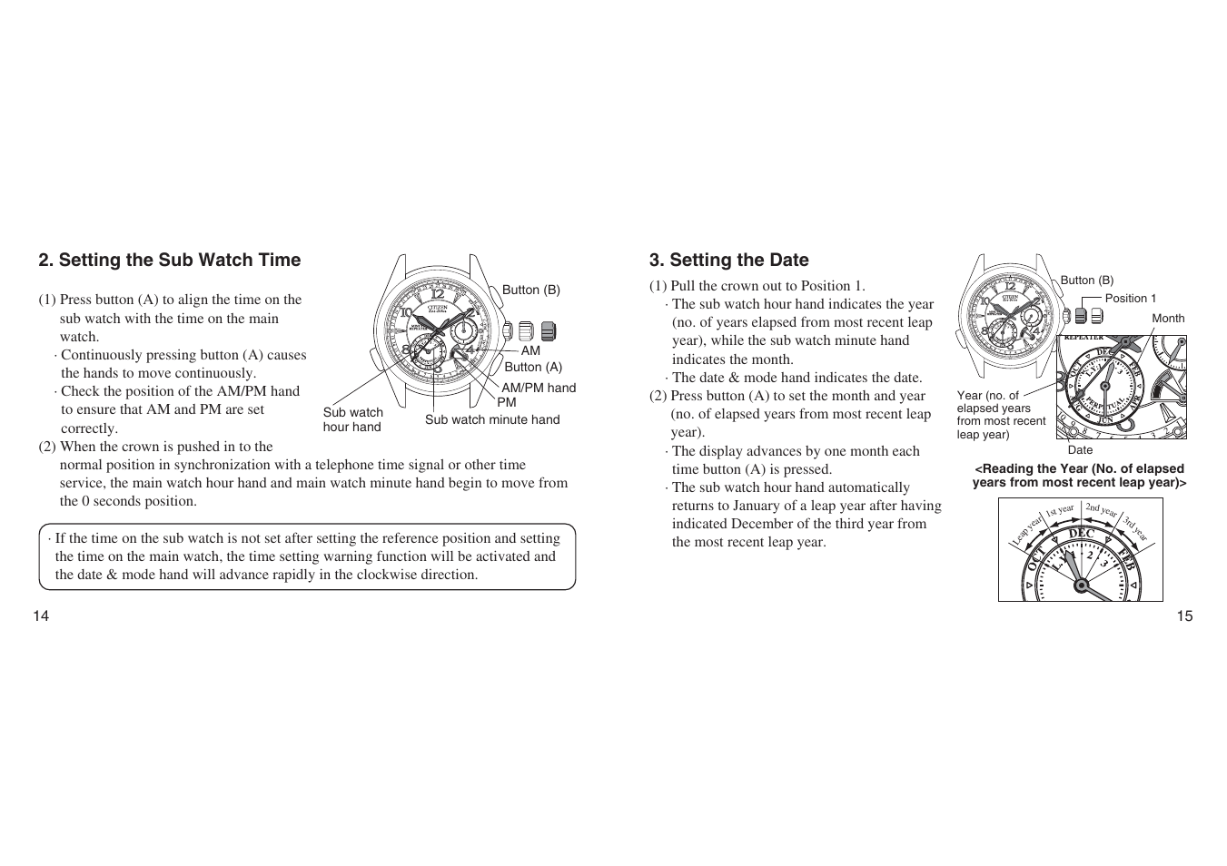 Setting the sub watch time, Setting the date | CITIZEN G90 User Manual | Page 7 / 21