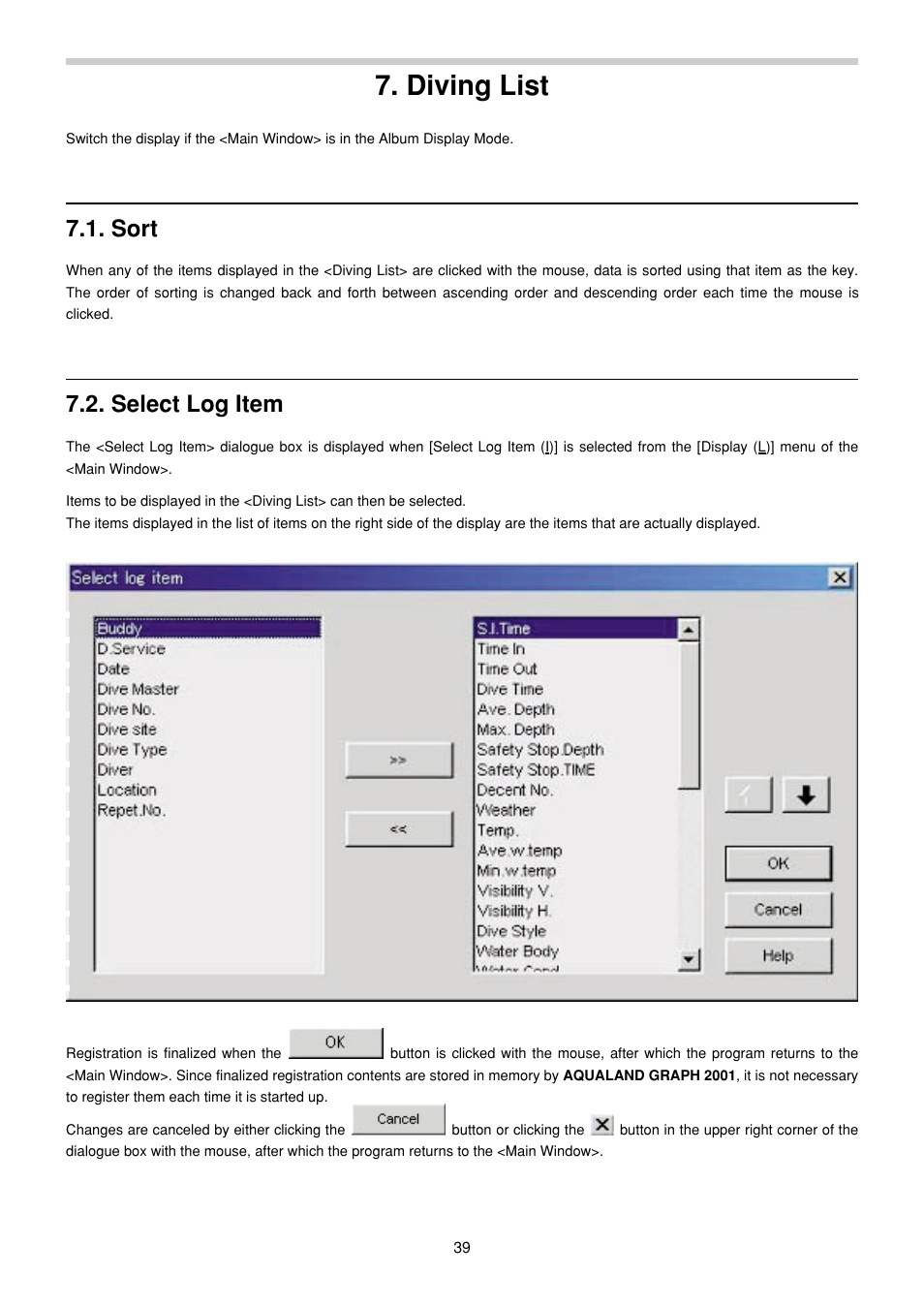 Diving list, Sort, Select log item | CITIZEN MG0000 User Manual | Page 110 / 157