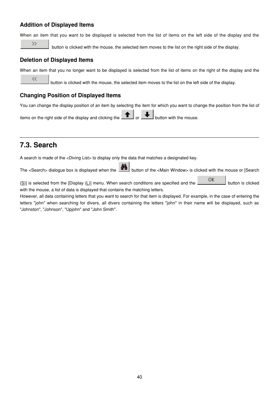 Search, Addition of displayed items, Deletion of displayed items | Changing position of displayed items | CITIZEN MG0000 User Manual | Page 111 / 157