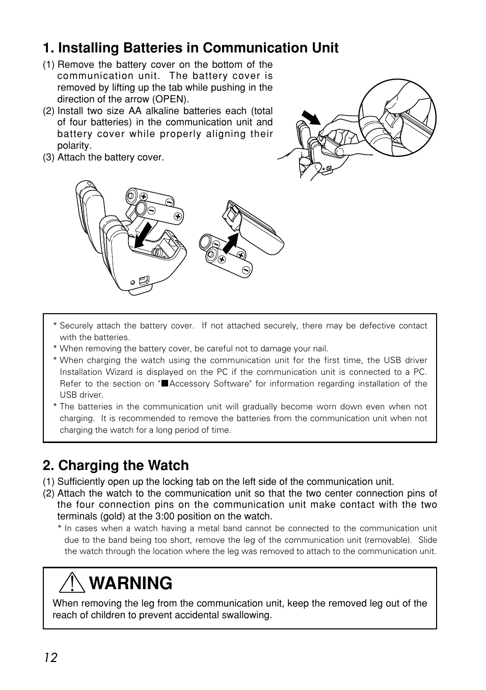 Installing batteries in communication unit, Charging the watch, Warning | CITIZEN MG0000 User Manual | Page 12 / 157