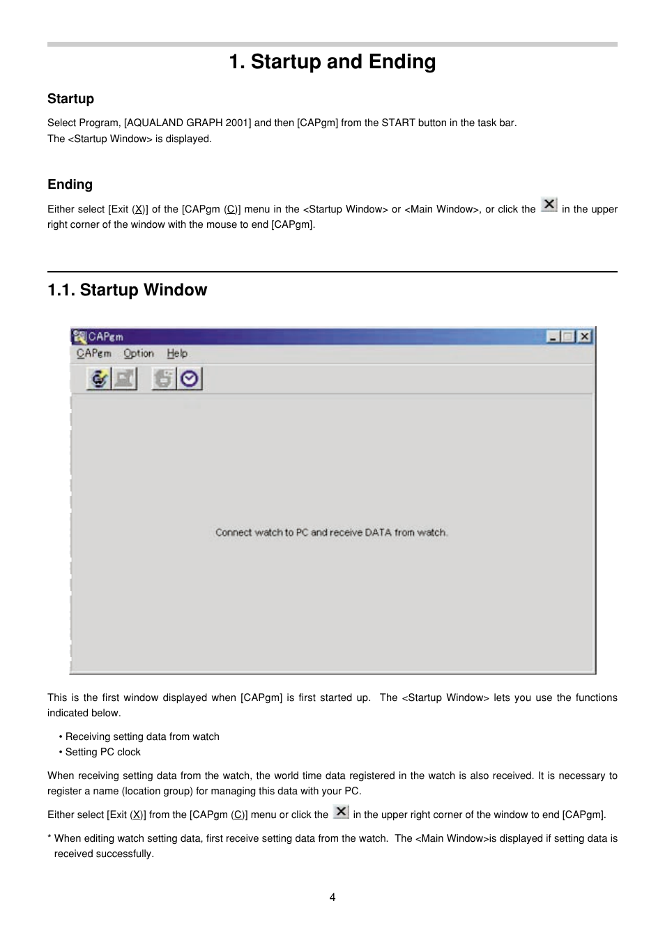 Start up and ending, Startup window, Startup and ending | CITIZEN MG0000 User Manual | Page 133 / 157