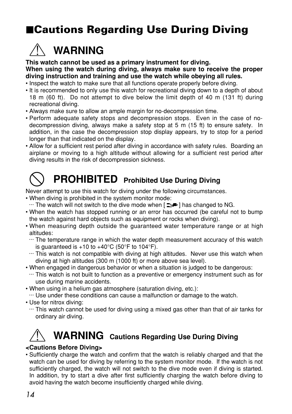 Cautions regarding use during diving, Cautions regarding use during diving warning, Prohibited | Warning | CITIZEN MG0000 User Manual | Page 14 / 157