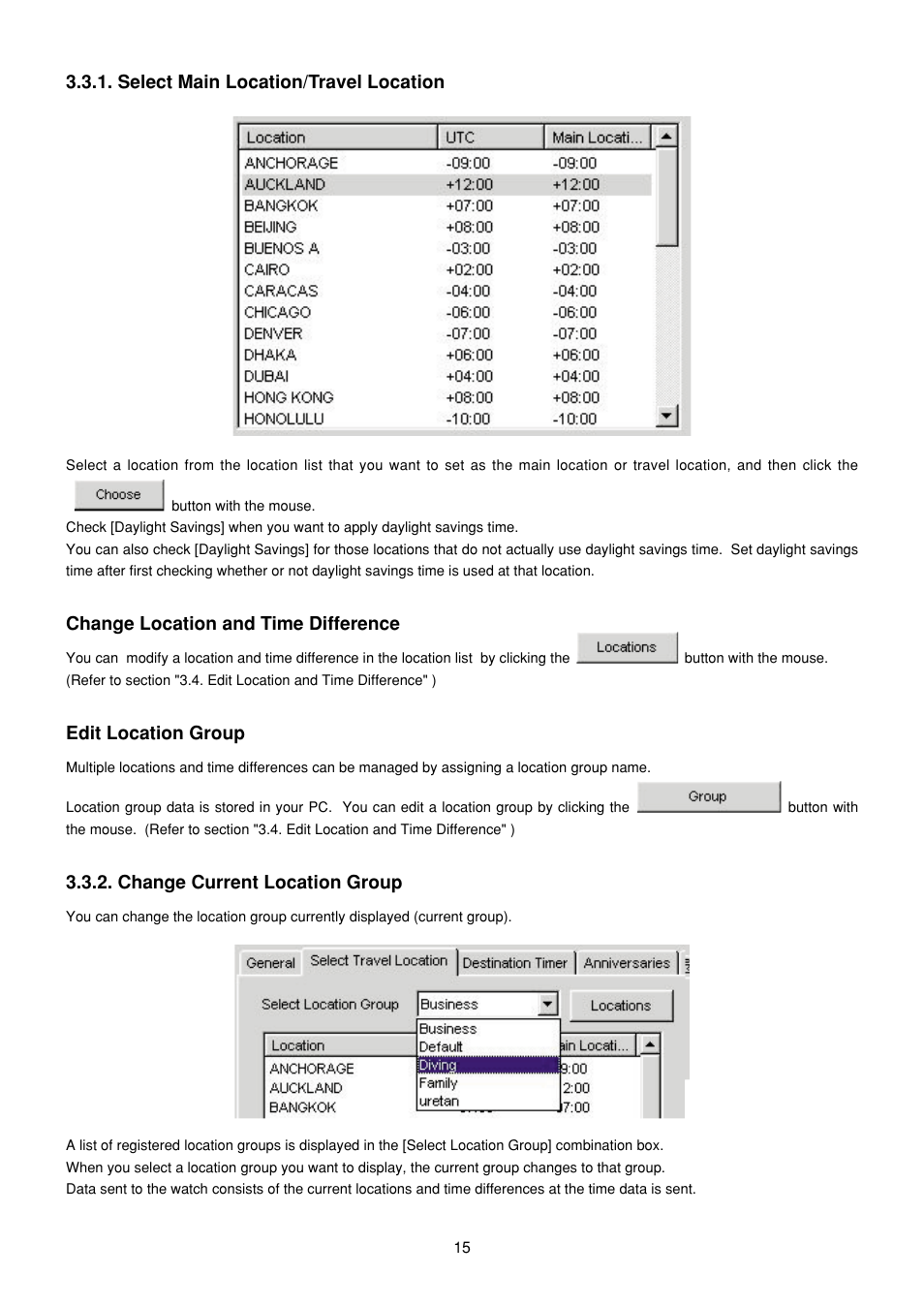 Select main location/travel location, Change current location group, Change location and time difference | Edit location group | CITIZEN MG0000 User Manual | Page 144 / 157